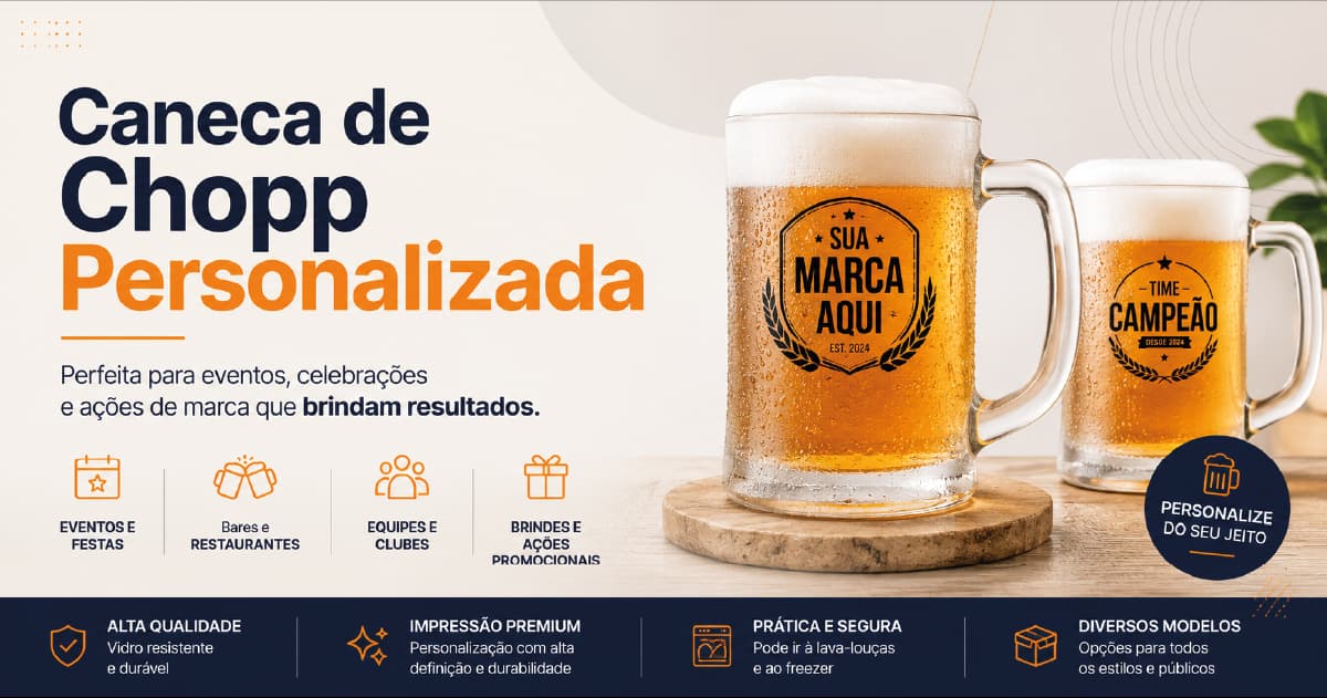 Caneca de chopp personalizada em ambiente de confraternização corporativa, com formato e material típicos de eventos