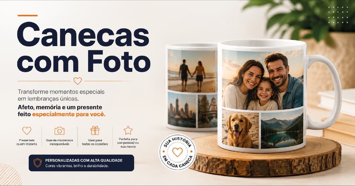 Canecas com foto personalizada em um ambiente corporativo, associadas a reconhecimento de equipes e campanhas internas