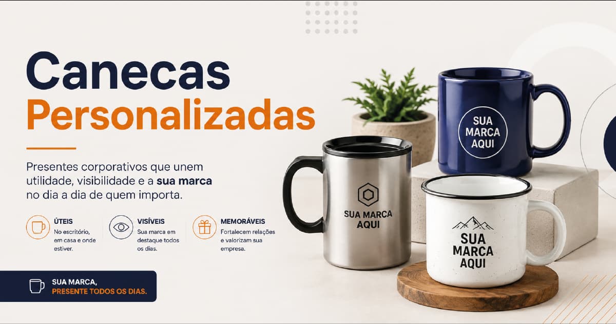 Canecas personalizadas de diferentes materiais organizadas em um ambiente corporativo, representando usos em empresas, eventos e kits